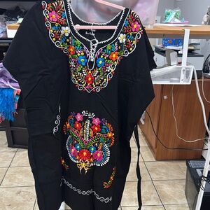 Embroidered Black Tunic with Colorful Floral Design